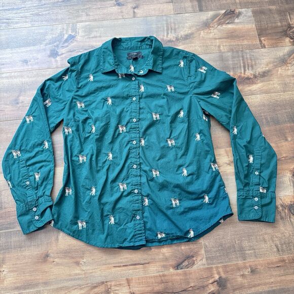 J. Crew Tops - J CREW Slim Perfect Shirt Dog Embroidery Green Women’s 12 Slim Button Up Cotton
